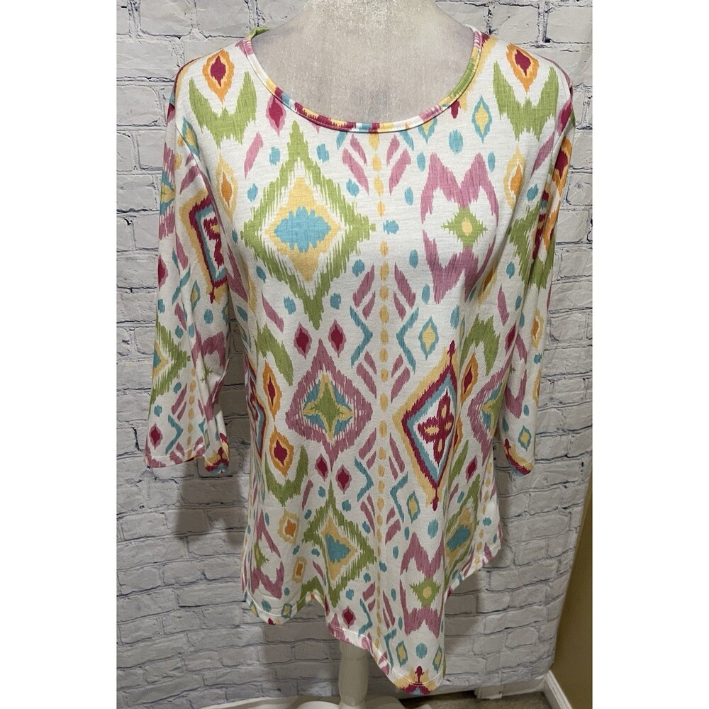 Indigo Soul Multicolored Abstract 3/4 Sleeve Pullover Blouse Top Sz L